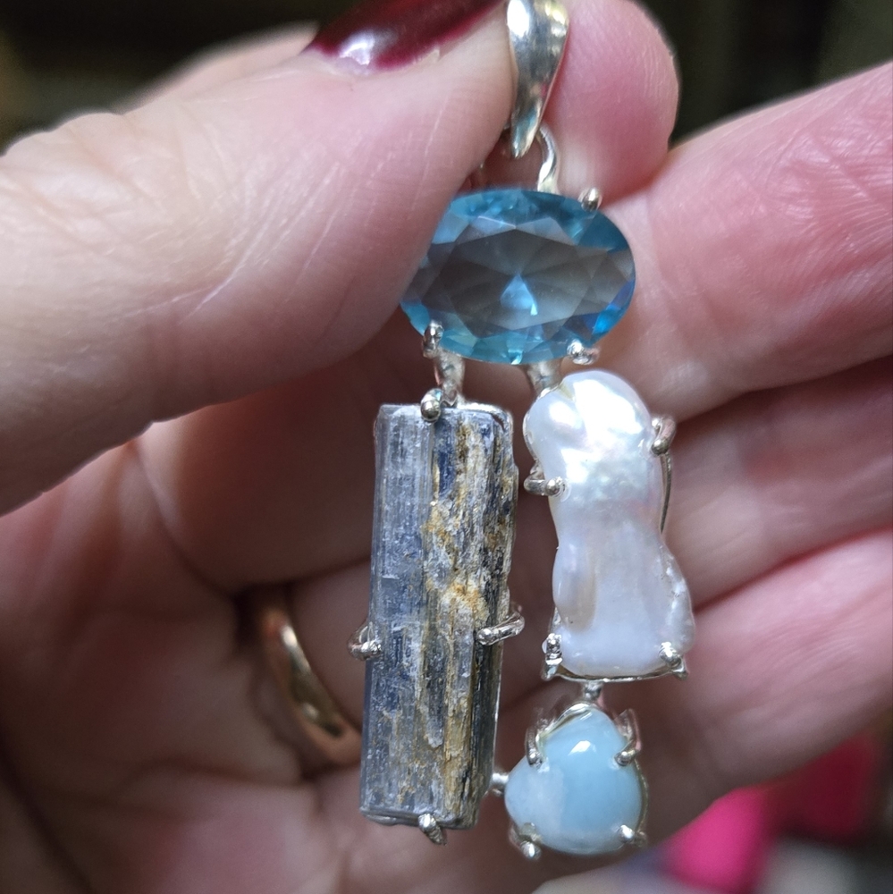 Blue topaz Kyanite Pearl & Larimar sterling silver pendant - Picture 4 of 8